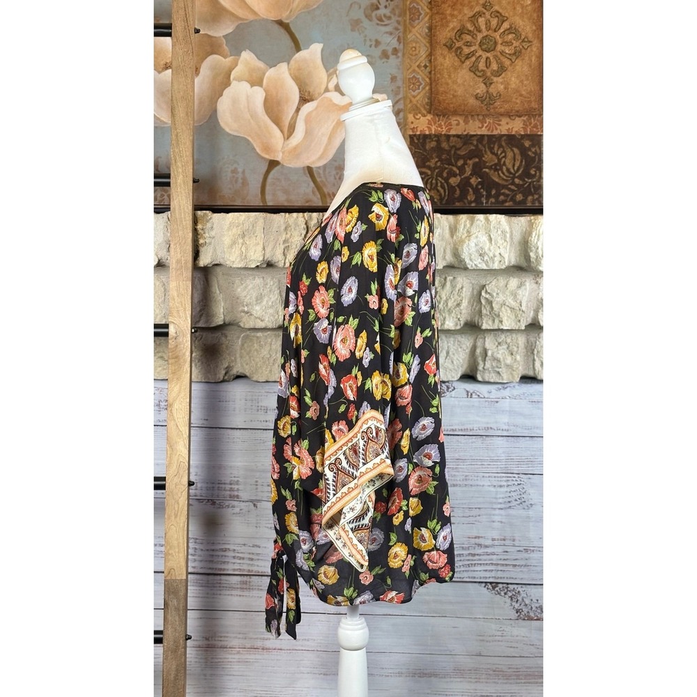 Democracy Womens 1X Black Colorful Floral Tie Front Oversized Blouse - Picture 2 of 8